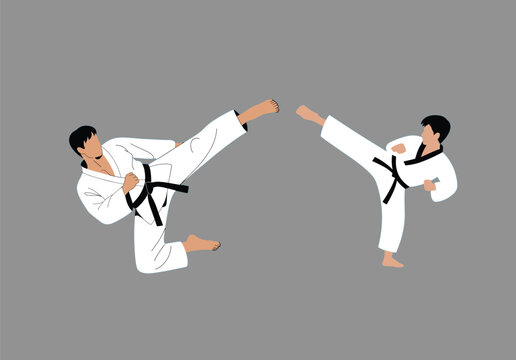 Martial arts vector illustration of karate or taekwondo athletes in white dobok performing high kicks on grey background