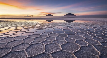 Geometric salt crust formation reflects colorful twilight sky above distant volcanic peaks