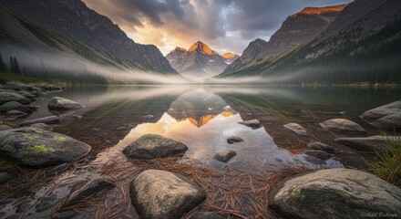 Majestic mountain peaks reflect in a still alpine lake shrouded by morning mist