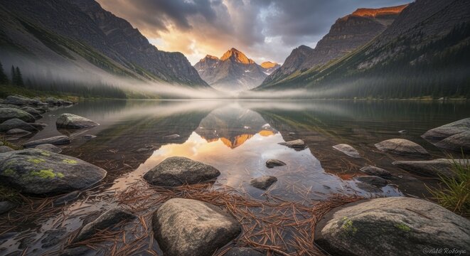 Majestic mountain peaks reflect in a still alpine lake shrouded by morning mist - Powered by Adobe