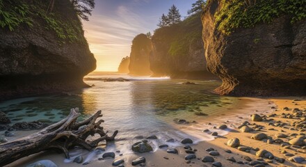 Secluded cove reveals golden sunlight illuminating rugged rock formations and smooth shoreline pebbles at dusk