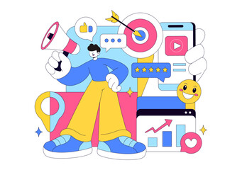 Public Relations Positive Vector Illustration Featuring Successful Brand Advertising, Reputation Management, And Digital Marketing Feedback Background