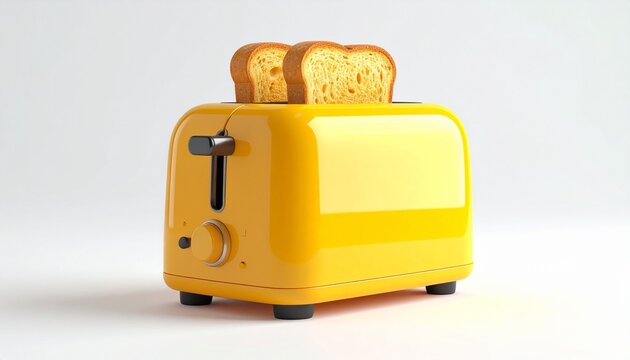 A modern yellow and black 3D electric kitchen toaster with white bread slices, isolated on white background
