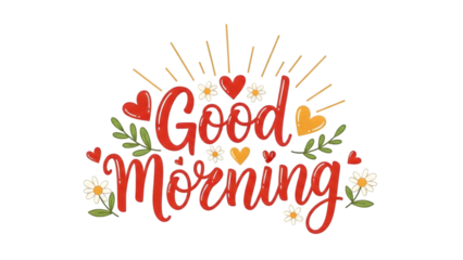 Good Morning text with hearts flowers and sunburst isolated on a transparent background