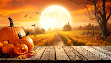 Spooky autumn scene with pumpkins, full moon, and wooden surface
