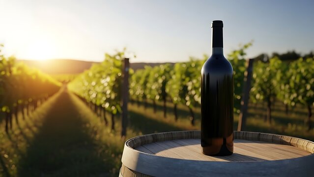 Wine bottle on a barrel in a vineyard at sunrise viewed from the front