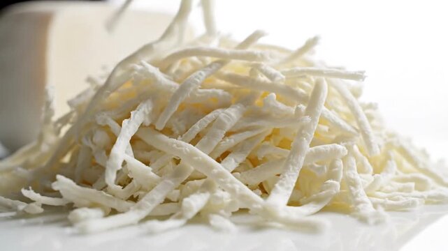 Cinematic closeup of a textured pile of shredded mozzarella cheese resting on a minimalist white background highlighting culinary dairy flakes and detail
