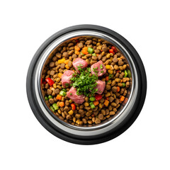 Stainless steel dog bowl filled with nutritious pet food, isolated on white or transparent background, PNG Format.