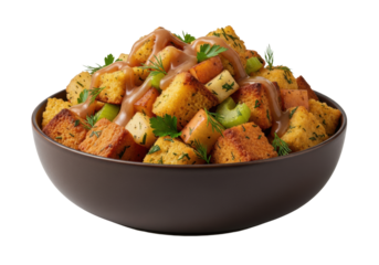Highly detailed traditional cornbread stuffing with gravy, celery, and apple, presented in a rustic dark bowl on a high-key white background for copy space, concept of opulent holiday feasting