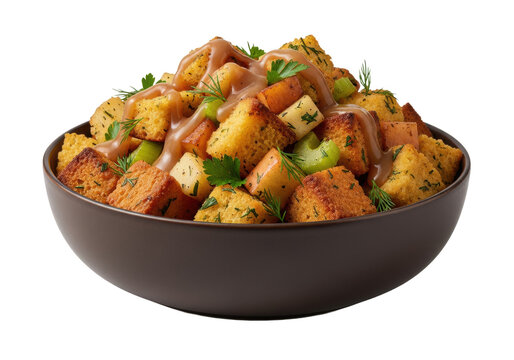 Highly detailed traditional cornbread stuffing with gravy, celery, and apple, presented in a rustic dark bowl on a high-key white background for copy space, concept of opulent holiday feasting