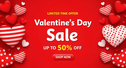 Valentines day sale vector banner. Sale discount text for valentines day shopping promotion with hearts elements in red background. Vector