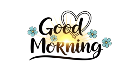 Good Morning Text with Sun and Flowers isolated on a transparent background yellow