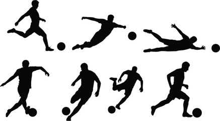 Set of professional soccer player silhouettes in action poses with footballs for sports competition and athletic themes © MDRONI