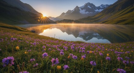 Brilliant sunrise illuminates a serene alpine lake reflecting snow capped peaks above a meadow of purple wildflowers.