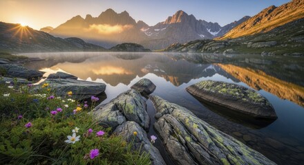 Majestic mountain range reflects perfectly upon a still alpine lake at sunrise