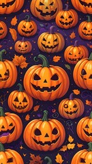 Spooky repeating pattern of grinning pumpkins on dark purple