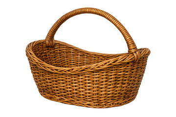 Fototapeta premium Empty woven wicker basket with handle, traditional rustic container for groceries, picnics, or eggs, isolated on transparent background
