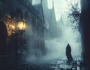 Spooky, shrouded cobblestone street scene with a figure in a cloak