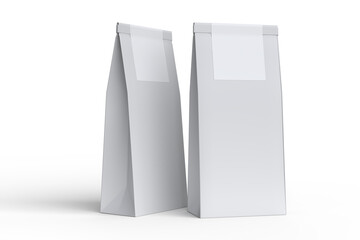 Blank standing plastic or paper pouch mockup, realistic flexible packaging isolated on background for product branding, food packaging design presentation snack wrappers, chips, cookies, organic food