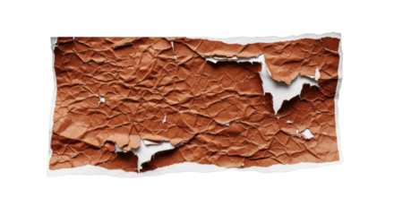 Macro, photorealistic capture of a floating, reddish-brown paper scrap with intense peeling, deep labyrinthine wrinkles, and ragged deckled edges, against a transparent background. concept for grunge