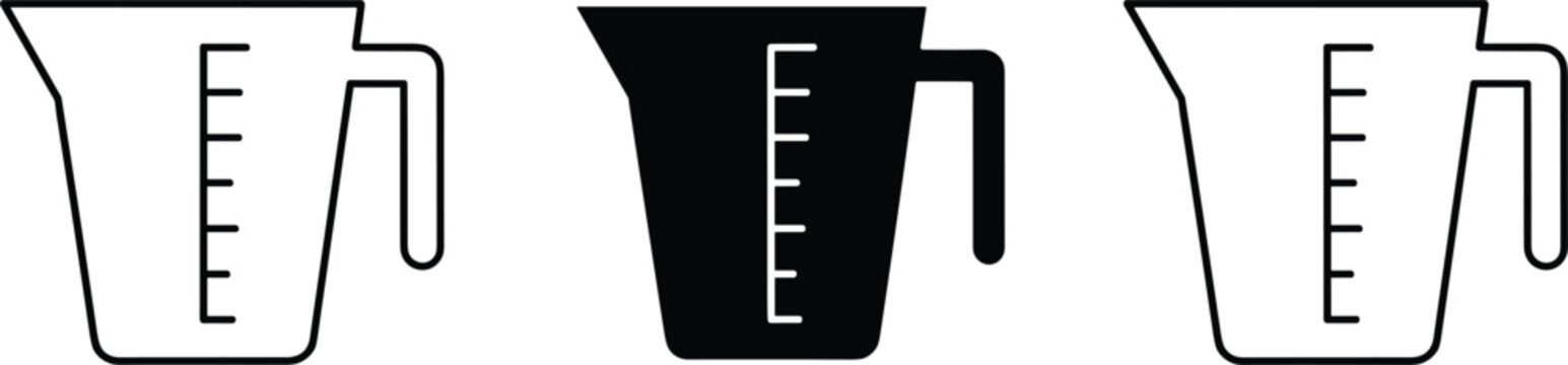 Professional kitchen measuring cup icon set featuring black outline and solid silhouette symbols for cooking and baking interfaces.