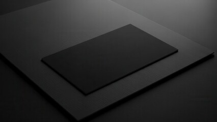 A minimalist composition of two overlapping dark rectangular cards creating depth, captured with dramatic low key studio lighting against a sophisticated black background.