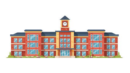 Red brick school building with clock tower isolated on a transparent background architecture