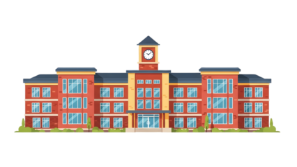 Red brick school building with clock tower isolated on a transparent background architecture