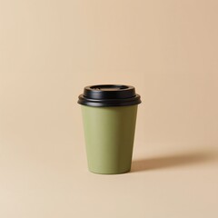 Green Disposable Coffee Cup with Black Lid on Light Neutral Background