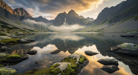 Towering mountain peaks surround a serene, still alpine lake at sunrise