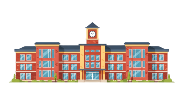 Red brick school building with clock tower isolated on a transparent background architecture - Powered by Adobe