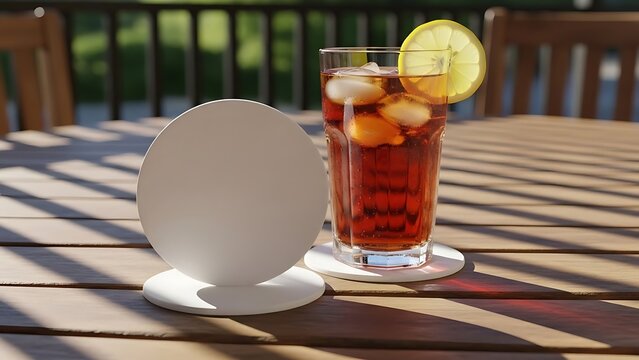 A refreshing glass of iced drink with lemon on a wooden table coaster mockup in a sunny outdoor setting