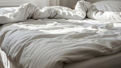Unmade Bed with Crumpled Duvet and Pillows in a Bright Bedroom Scene from a Close-up Viewpoint
