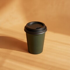Disposable Coffee Cup with Black Lid on Wooden Surface in Warm Light