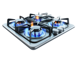 Modern gas stove with blue flames on burners