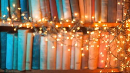 Warm lights shine on books in a cozy setting with a wooden shelf