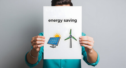 Man holding paper with energy saving text and renewable icons
