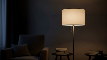 A lamp stands beside a chair in a dimly lit room with a minimalist decor and soft lighting