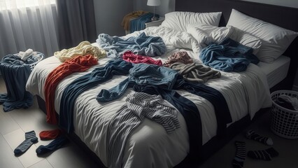A high-angle interior shot captures a chaotic domestic scene of colorful clothes scattered and tangled across a wrinkled white duvet in a dimly lit bedroom.
