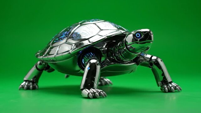 A metallic, chrome-plated robotic turtle with glowing blue accents against a vivid green backdrop