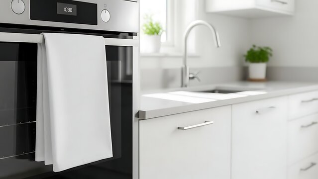 A clean kitchen towel hanging on an oven handle in a modern white kitchen with a sink and countertop