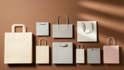 A minimalist flat lay features a collection of various-sized, neutral paper shopping bags displayed elegantly against a warm brown background with sharp studio shadows.