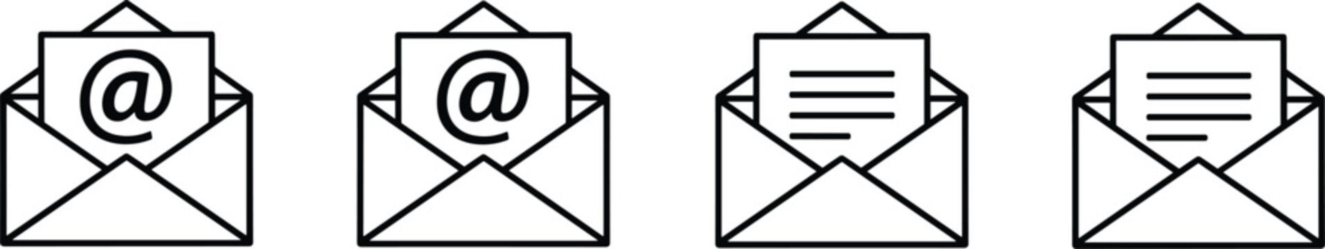 Professional black outline email icon set featuring open envelopes with at symbols and document inserts for digital communication.
