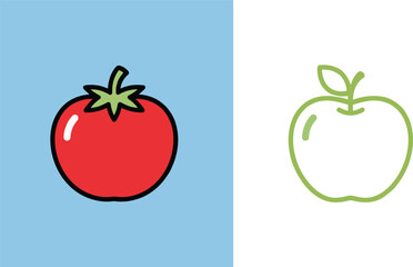 Obraz premium Fresh organic red tomato and green apple outline vector illustration set for healthy cooking and nutrition design concepts.