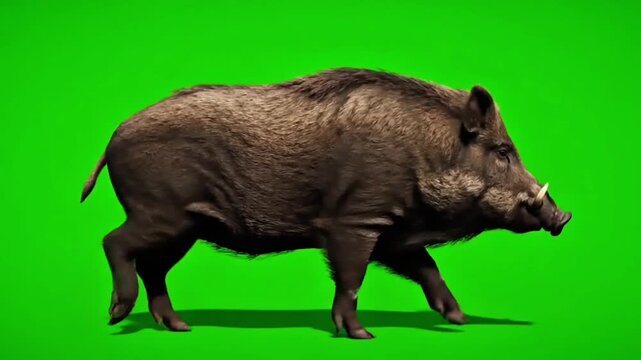 A wild boar walks on a green screen background, captured in a profile view with a plain green chroma key