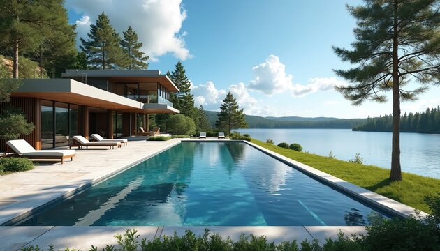 Modern luxury home with infinity pool overlooks serene lake. Spacious patio area features lounge chairs. Rich green trees surround property on sunny day.