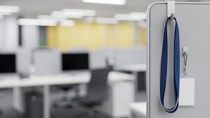 A blue lanyard with an ID card hanging on a gray office cubicle divider in a modern office space