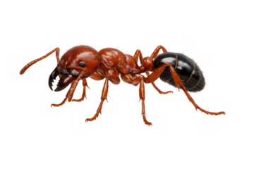 Red and black ant macro close-up view cut out, small insect animal with mandibles on transparent background