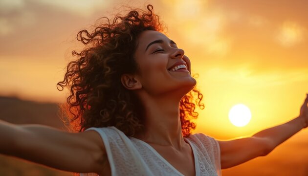 Woman with open arms smiles joyfully at a vibrant sunset outdoors. She feels happy, free, and at peace, embracing the golden hour light and serene twilight atmosphere.