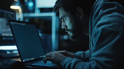 Programmer working on laptop late at night, code on screen, blue light - Powered by Adobe